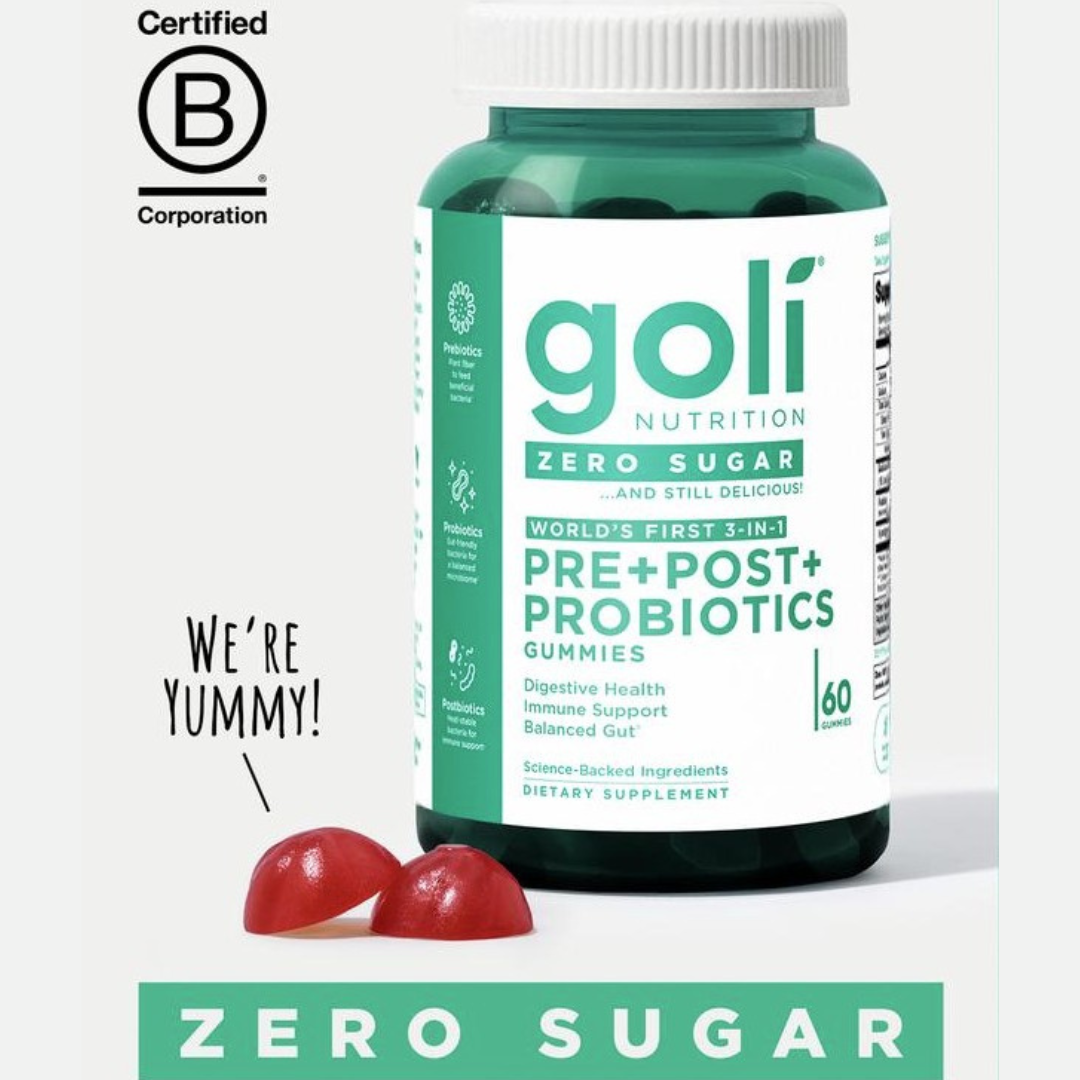 Goli Zero Sugar World's First 3-in-1 Pre, Post, Probiotic Gummies - Gluten Free, Vegan, NonGMO, & Gelatin-Free